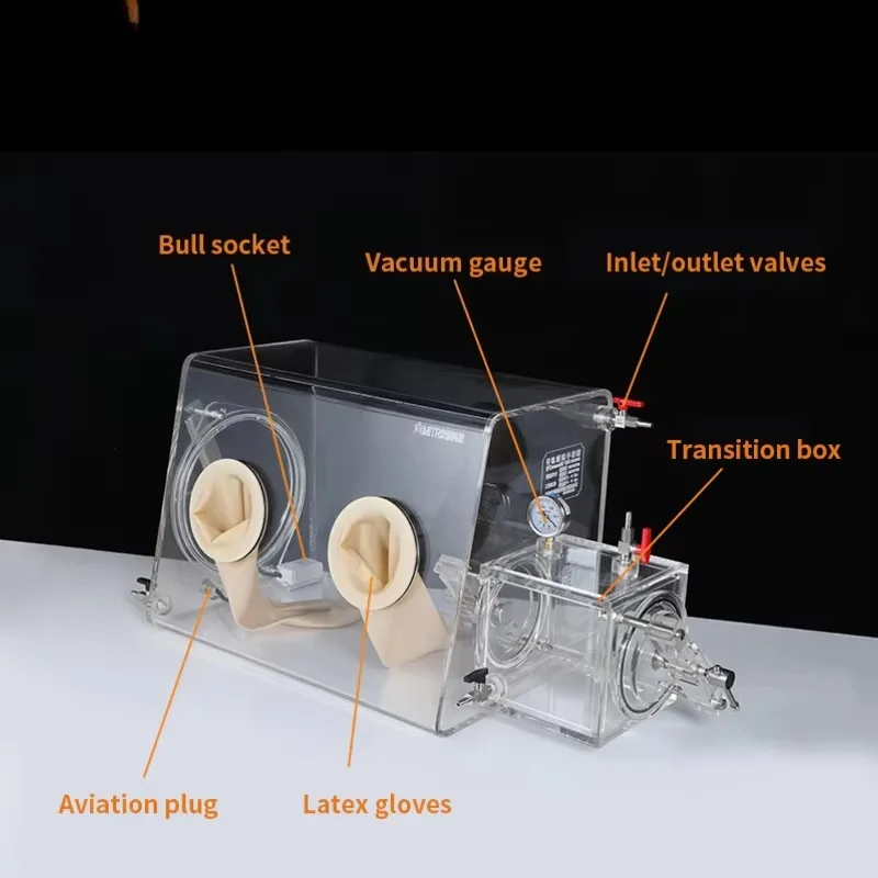 The laboratory uses a glove box to isolate the transparent test chamber
