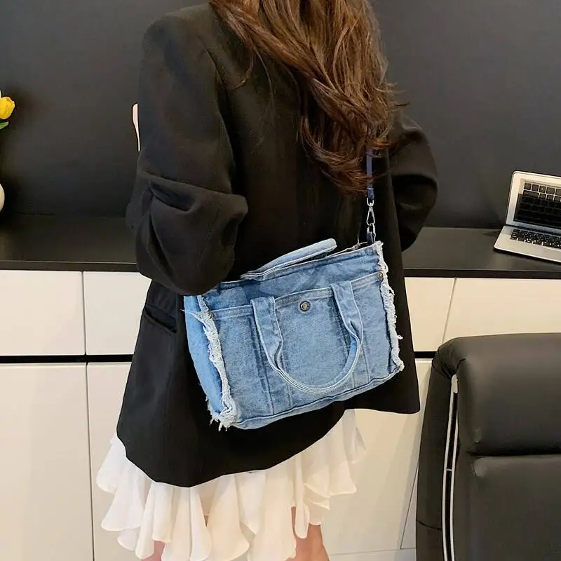 

Джинсовые сумки-тоут, женский джинсовый кошелек, повседневная джинсовая сумка, большая вместительная сумка через плечо, модная регулируемая сумка с рюшами на бретелях