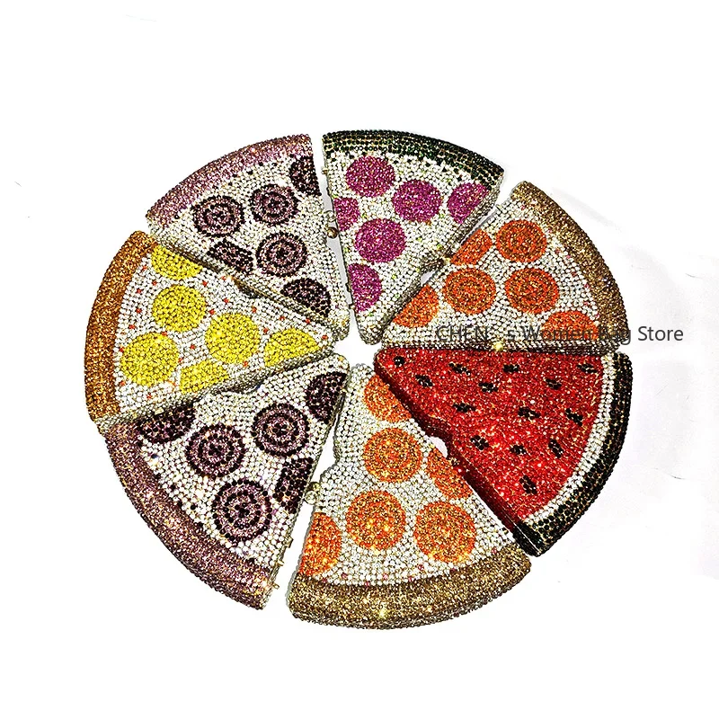 

Luxury Pizza Shaped Diamond Evening Clutch Bags New Gorgeous Unique Metallic Watermelon Rhinestone Purses Wedding Party