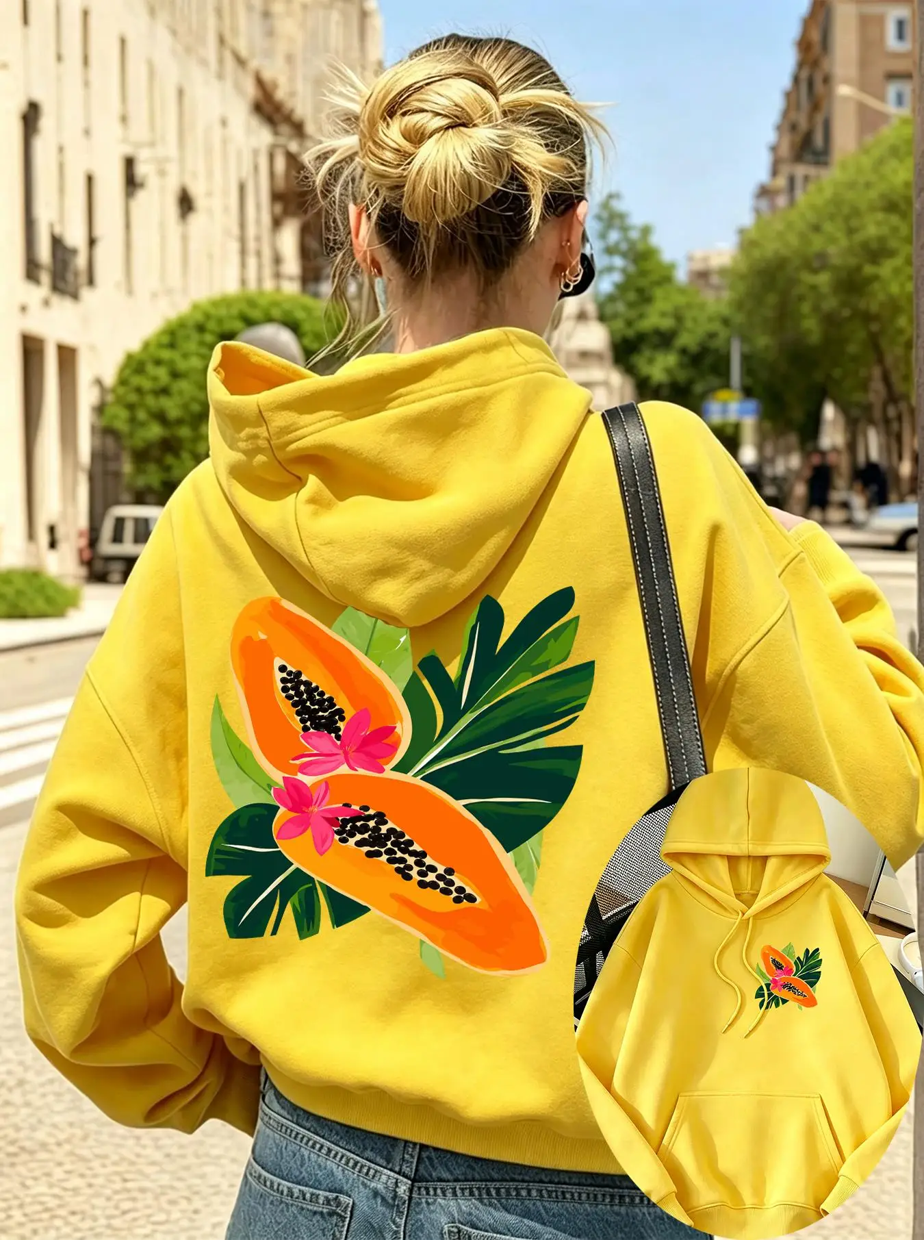 Fresh Papaya Fruit Print Women Fleece Crewneck Hoodies Multicolor Casual Clothes Loose Oversized Pullovers All-Match Commute Top