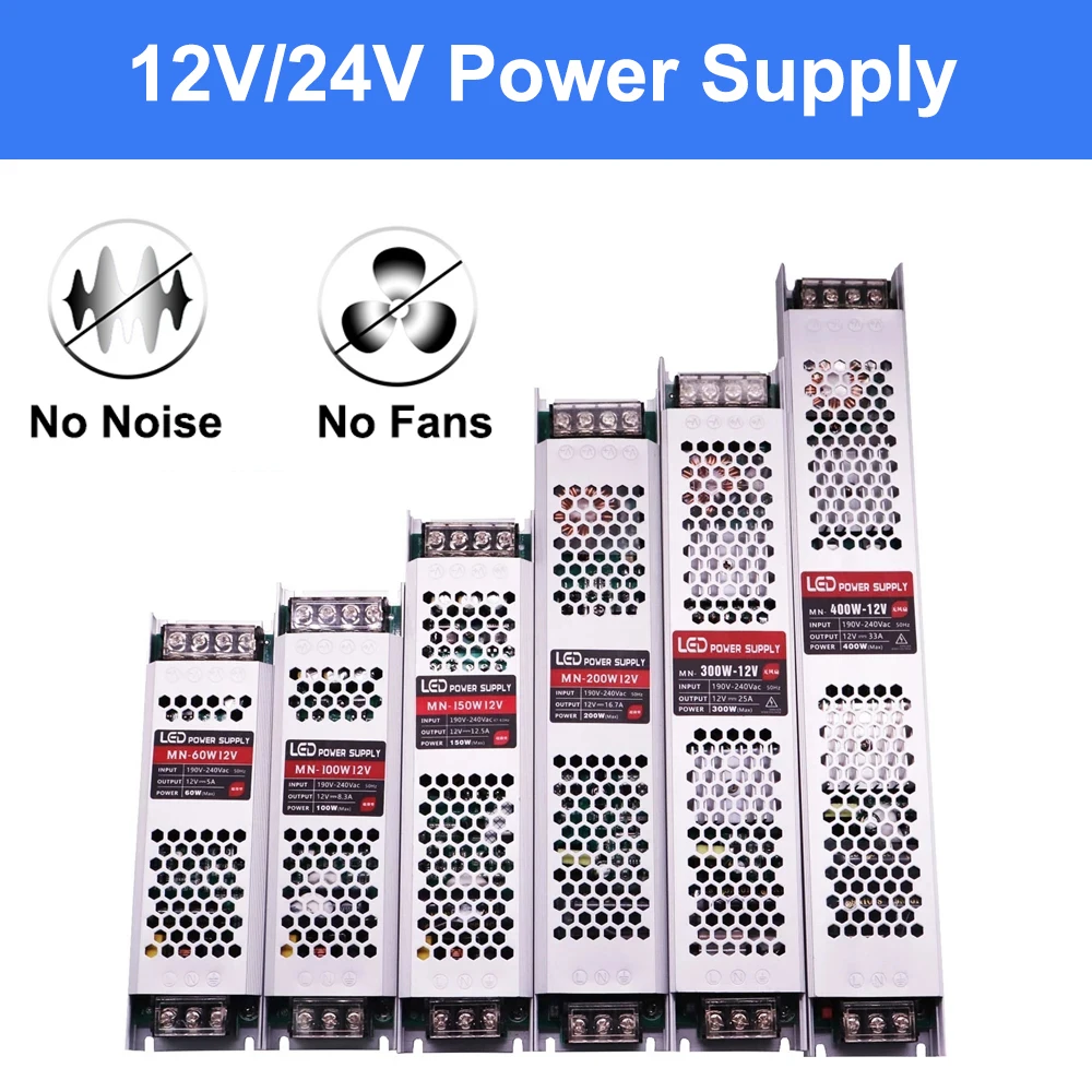 DC12Volt 24V LED Driver Power Supply Mute Lighting Transformer 60W 100W 200W 300W 400W LED Light Driver Power Adapter AC190-240V