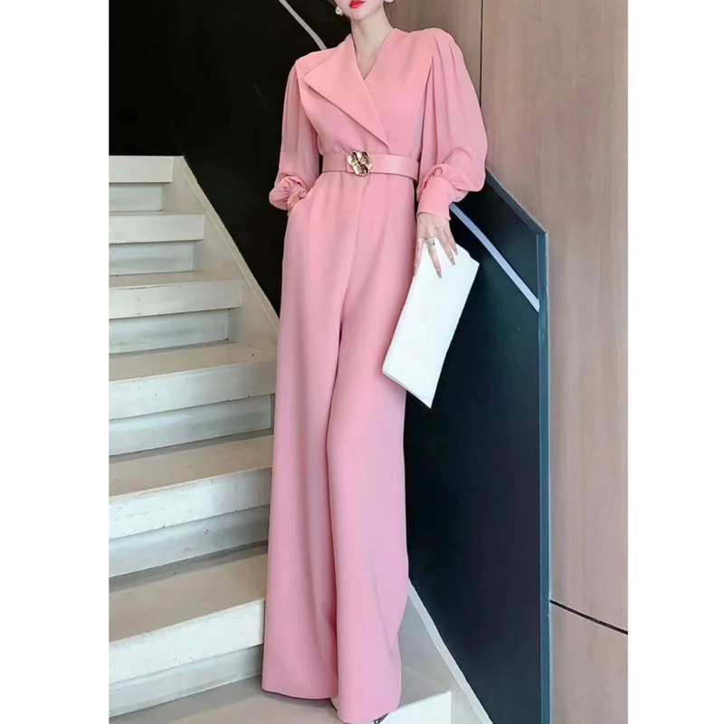 Cinto de cintura alta feminino Macacão de perna larga, senhora do escritório, elegante macacão de festa, manga comprida, bolso rosa solto, novo, primavera, 2022