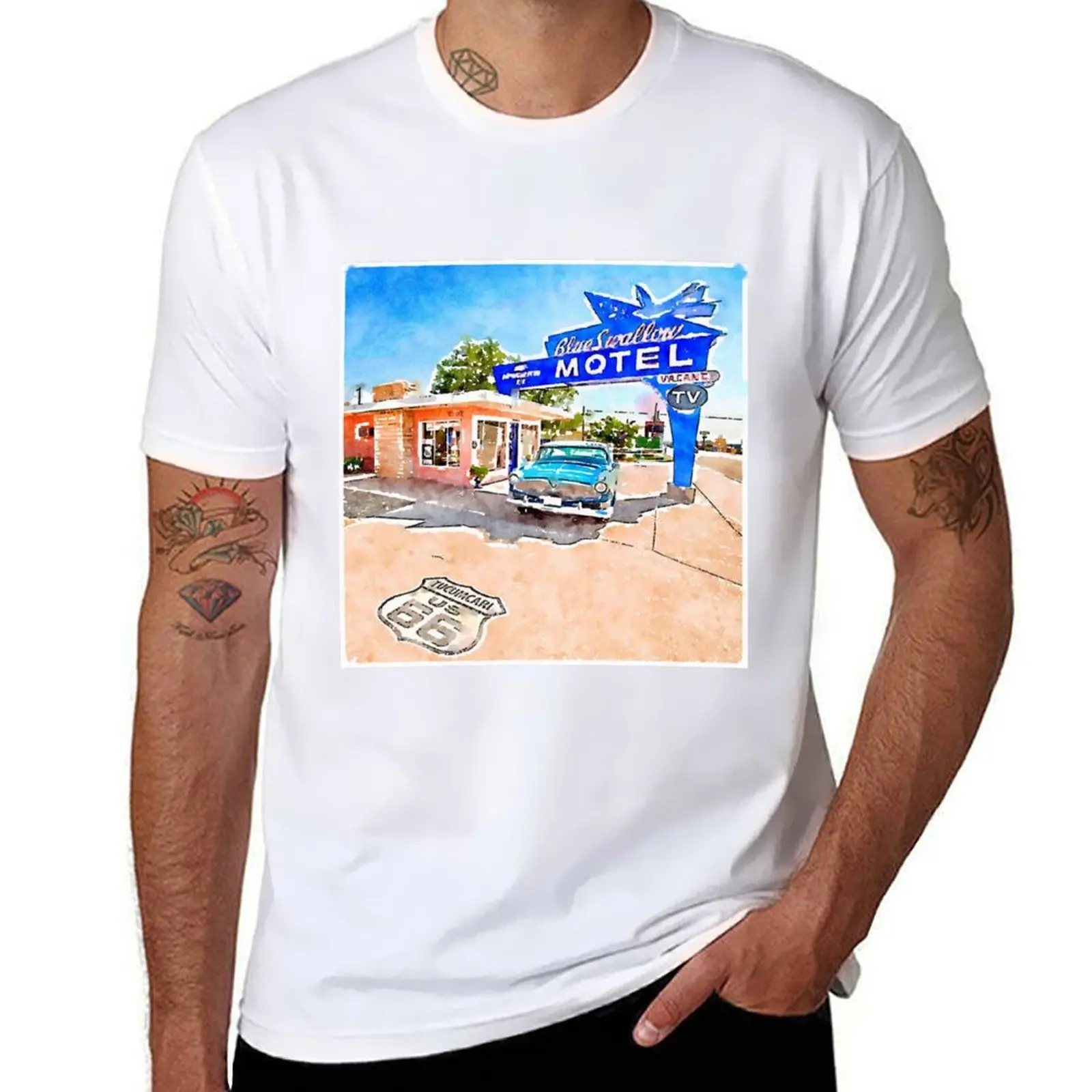 

Watercolor Route 66 Blue Swallow Hotel T-Shirt man t shirt heavy cotton cotton t shirt man T-Shirt