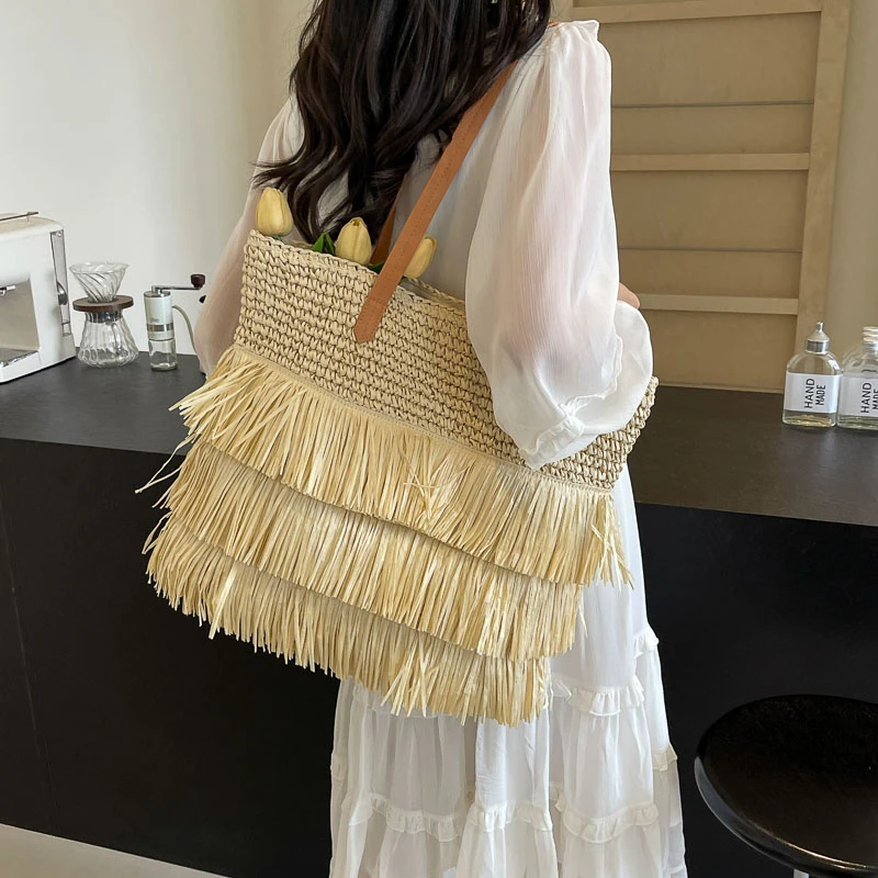 Tassel Casual Shoulder Bags Straw Braid Large Capacity Solid Tote Bags for Women 2024 Summer Hot Sale High Quality