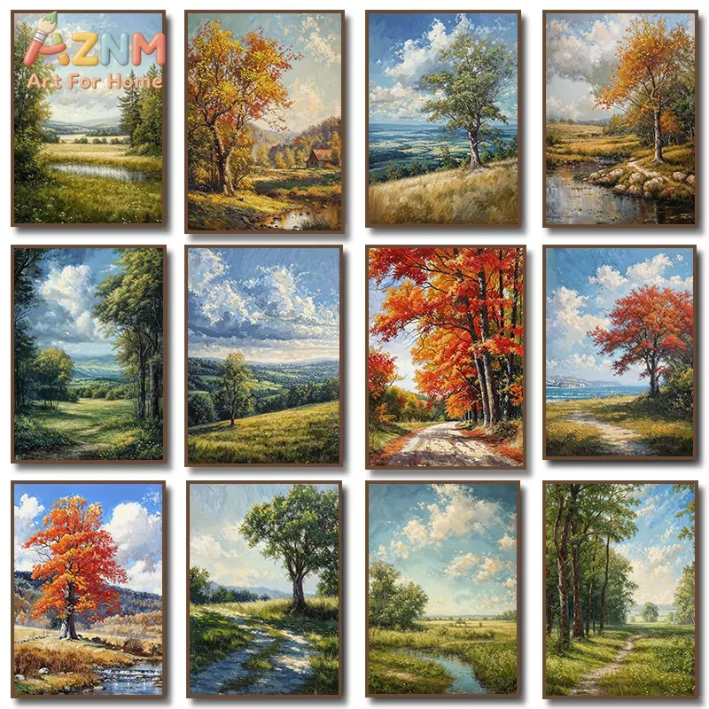1PC Valley View Mountain Cabin Autumn Path Summer Meadow Tree Forest Cloud Poster Canvas Painting Print for Living Room Decor