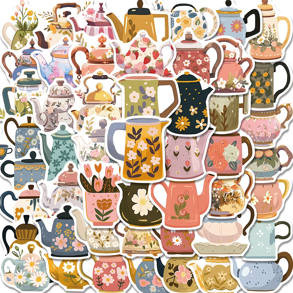 

50pcs Cartoon Cute Flower Teapot Stickers for Envelope Computer Diary Suitecase Guitar iPad Graffiti Aesthetic Waterproof Decal