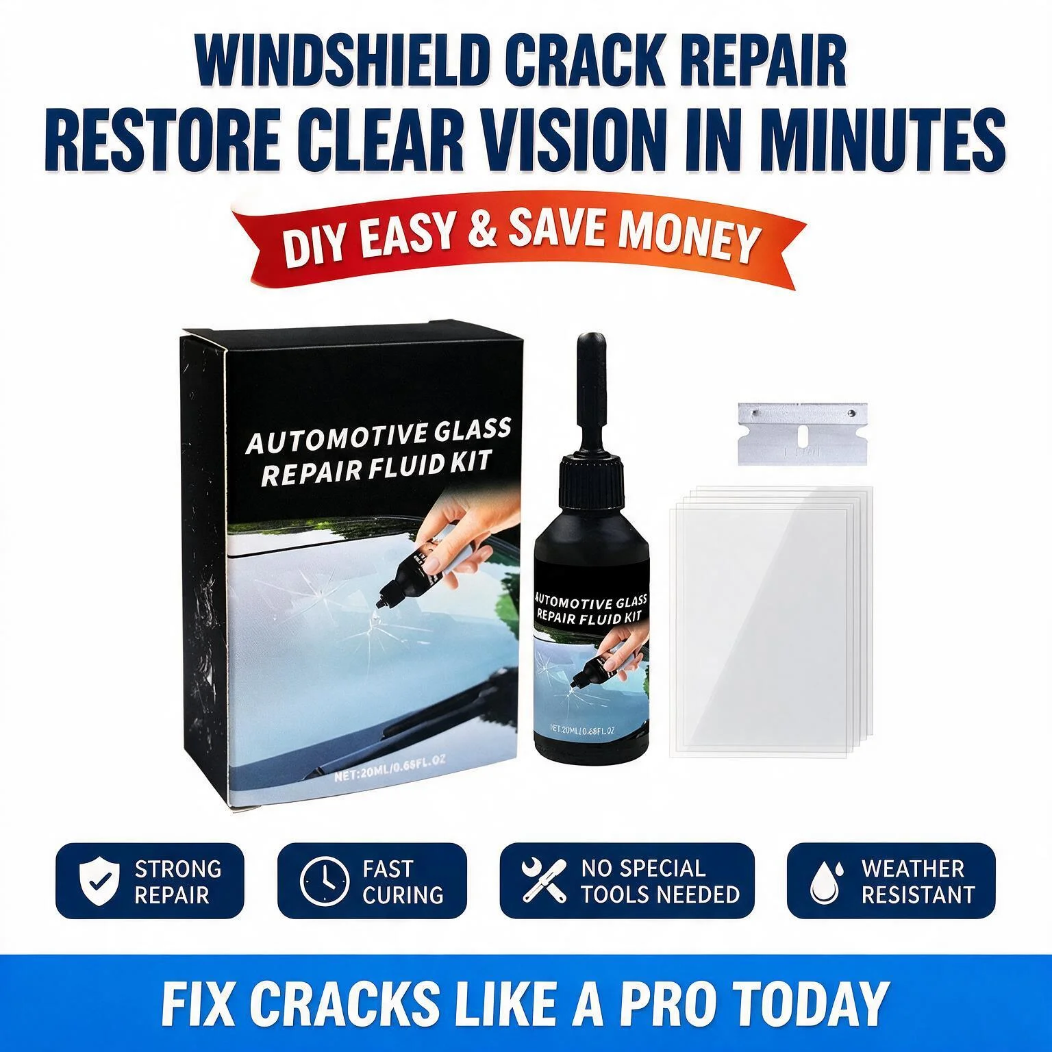20ml Car Windshield Glass Repair Kit DIY Crack Chip Fix Resin Curing Film Scraper Window Polishing Maintenance Tool Set