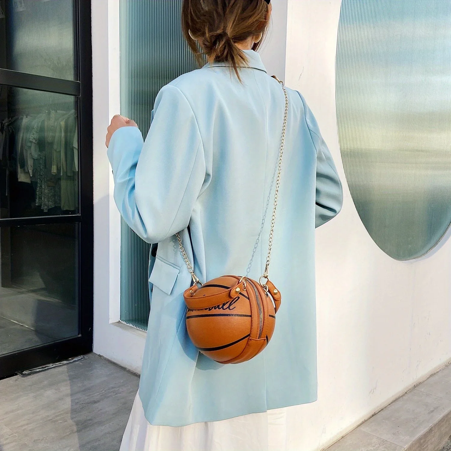 Basketball Shaped Crossbody Bag, Trendy Chain Shoulder Bag, PU Leather Top Handle Circle Purse handbags  women bag