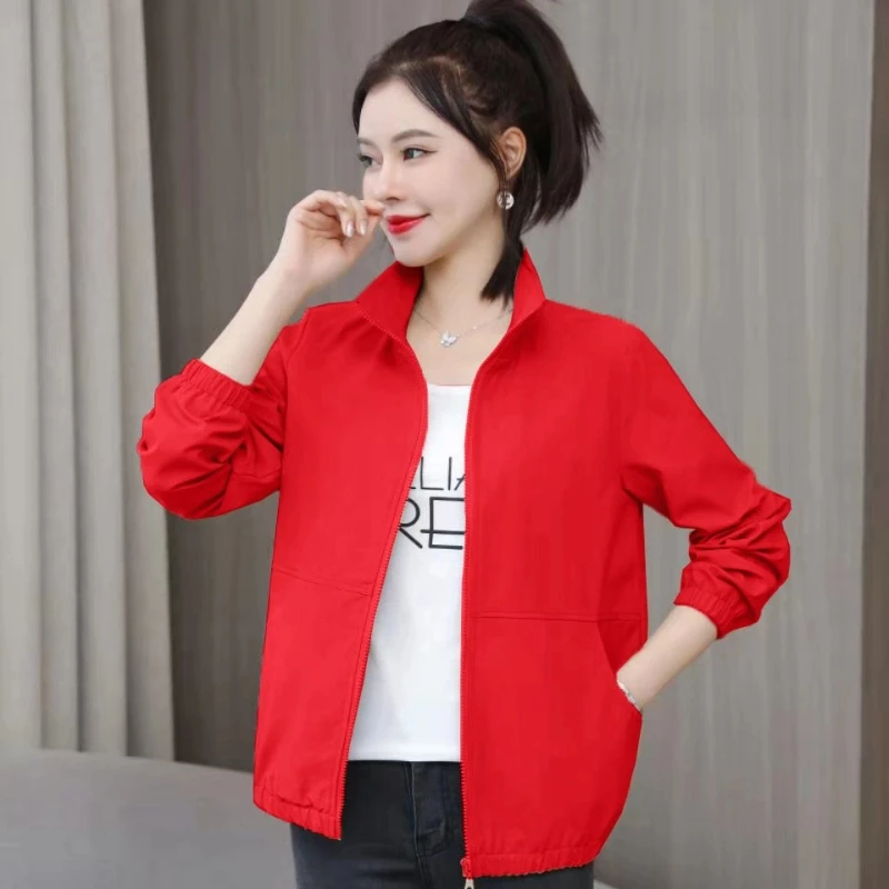 

Red Casual Jacket For Women Spring And Autumn Loose Fit With Pockets Stylish And Comfortable