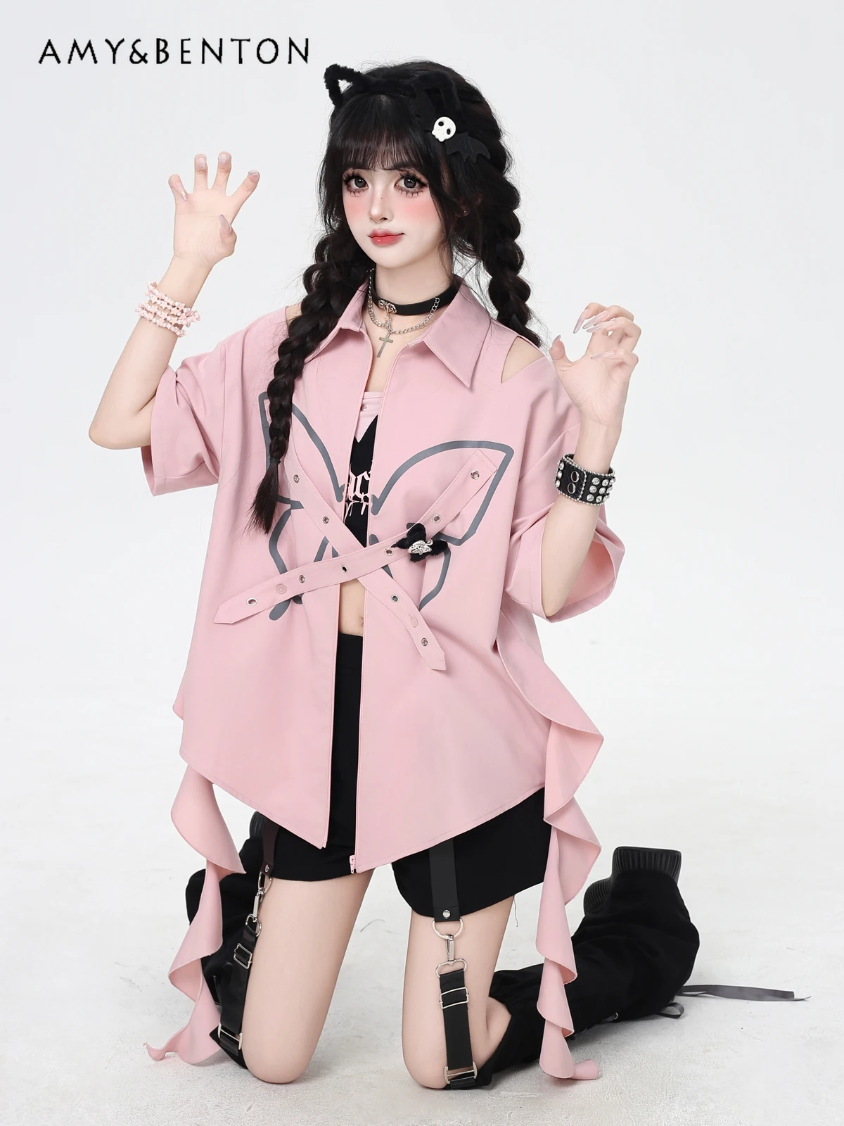 

Summer Cute Butterfly Print Lace-up Off-the-shoulder Short-sleeved Shirt Preppy Style Sweet Cool Girl Loose Casual Shirt Women