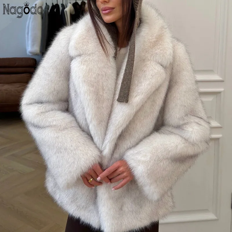 Nagodo Women’s Faux Fur Coat Thick Warm Imitation Fox Fur Jacket Winter Fluffy Long Sleeve Outerwear Turn-Down Collar Overcoat