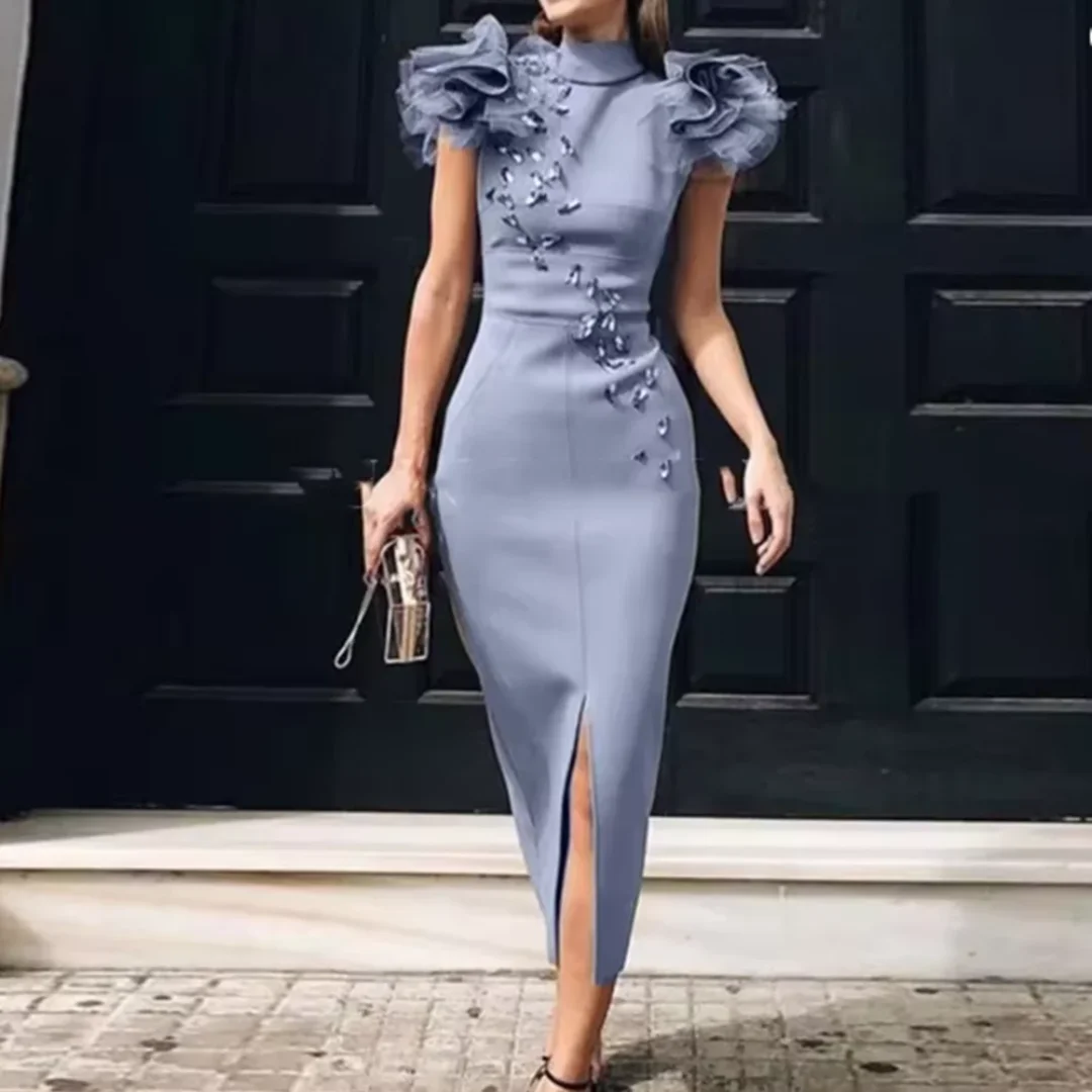 

Mermaid Prom Dresses With High Neck Beads Ruffles Front Split Satin Women Formal Evening Dress Tea Length Mother Party Gowns