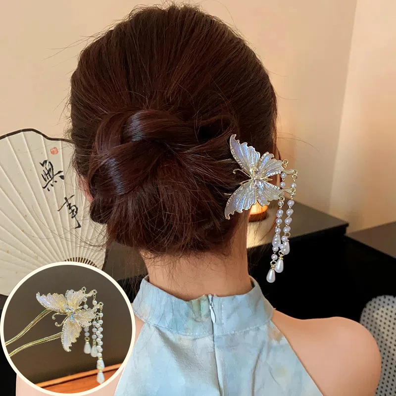 중국 스타일 진주 술 머리핀, 고대 스타일 흔들리는 머리핀 여성용, 가벼운 럭셔리 U자형 말 얼굴 치마 머리핀