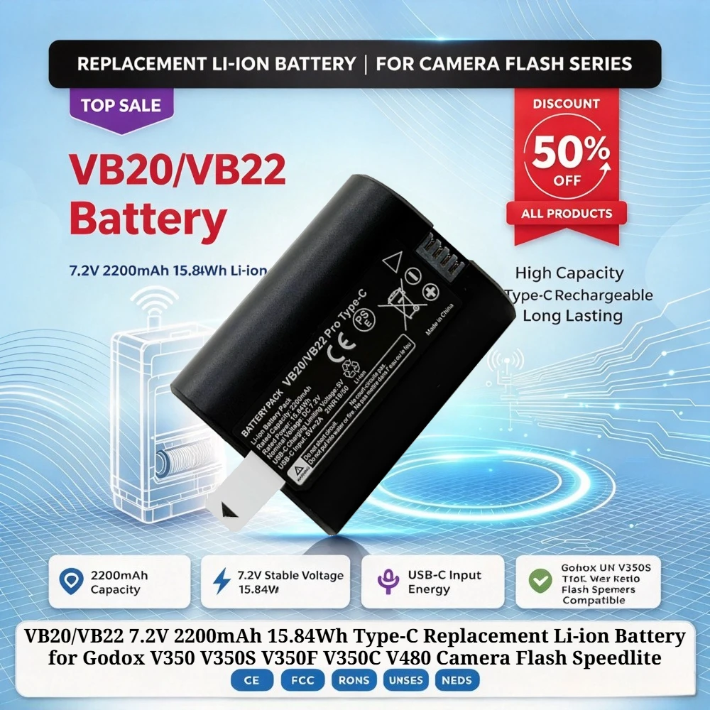 VB20 VB22 7.2V 2200mAh 15.84Wh Type-C Replacement Li-ion Battery for Godox V350 V350S V350F V350C V480 Camera Flash Speedlite