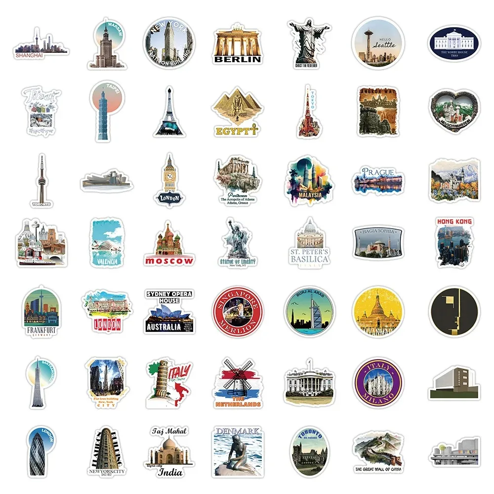 50PCS Popular Cartoon World Famous Buildings Sticker Pack Skateboard Decoration DIY Laptop Kids Graffiti Decals