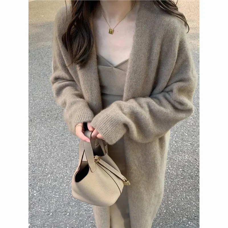 

Autumn Winter Lazy Style Over--Knee Mid-Length Sweater Coat Women High-End Black Slimming Versatile Knitted Cardigan