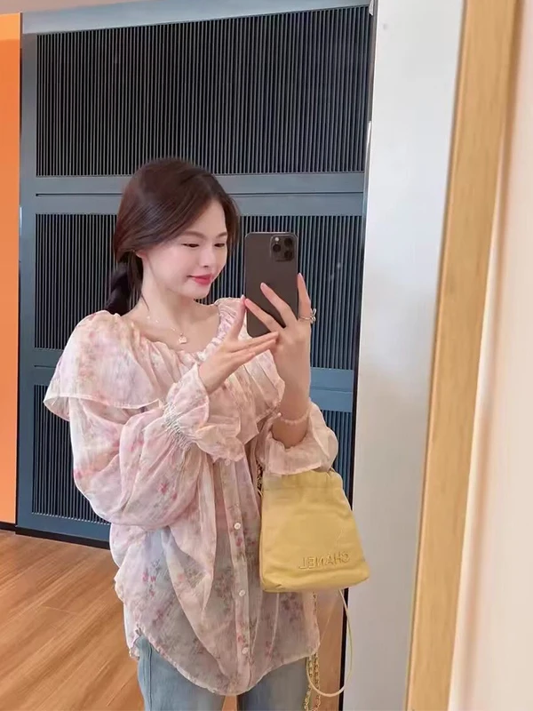 

plus Size 300 Pou Korean Sle Floral Lace Trim One oulder Long Sve Women's irt Autumn Thin Chiffon Blouse Ins