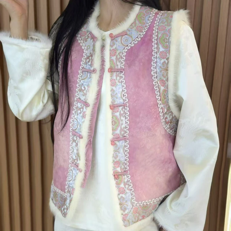 There Is New Style Pink Chinese-style Zen-inspired Tang Suit Jacket 2026 Autumn Winter with Layered Waistcoat New Keep Warm Vest