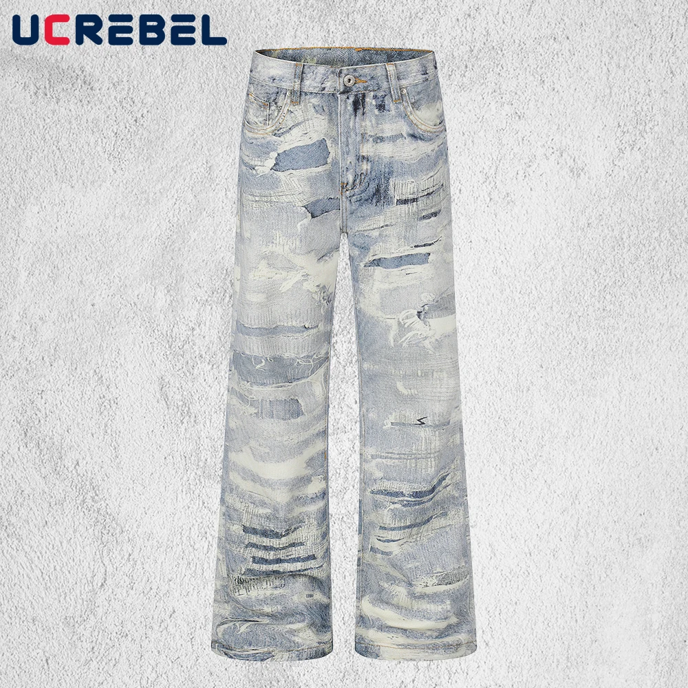 Camouflage 3D Digital Printed Jeans Mens Washed Distressed Casual Straight-leg Denim Pants Man