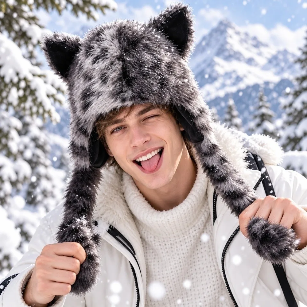 Long Braids Earflap Hat Thick Plush Animal Ears Faux Fur Cap Soft Texture Leopard Pattern Winter Fluffy Hat Teenagers