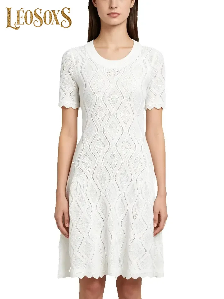 LEOSOXS High Quality Summer Ladies Socialite Dress Short Sleeve Hollow Out Embroidery Detail Flattering Fit Trendy Daily Women W