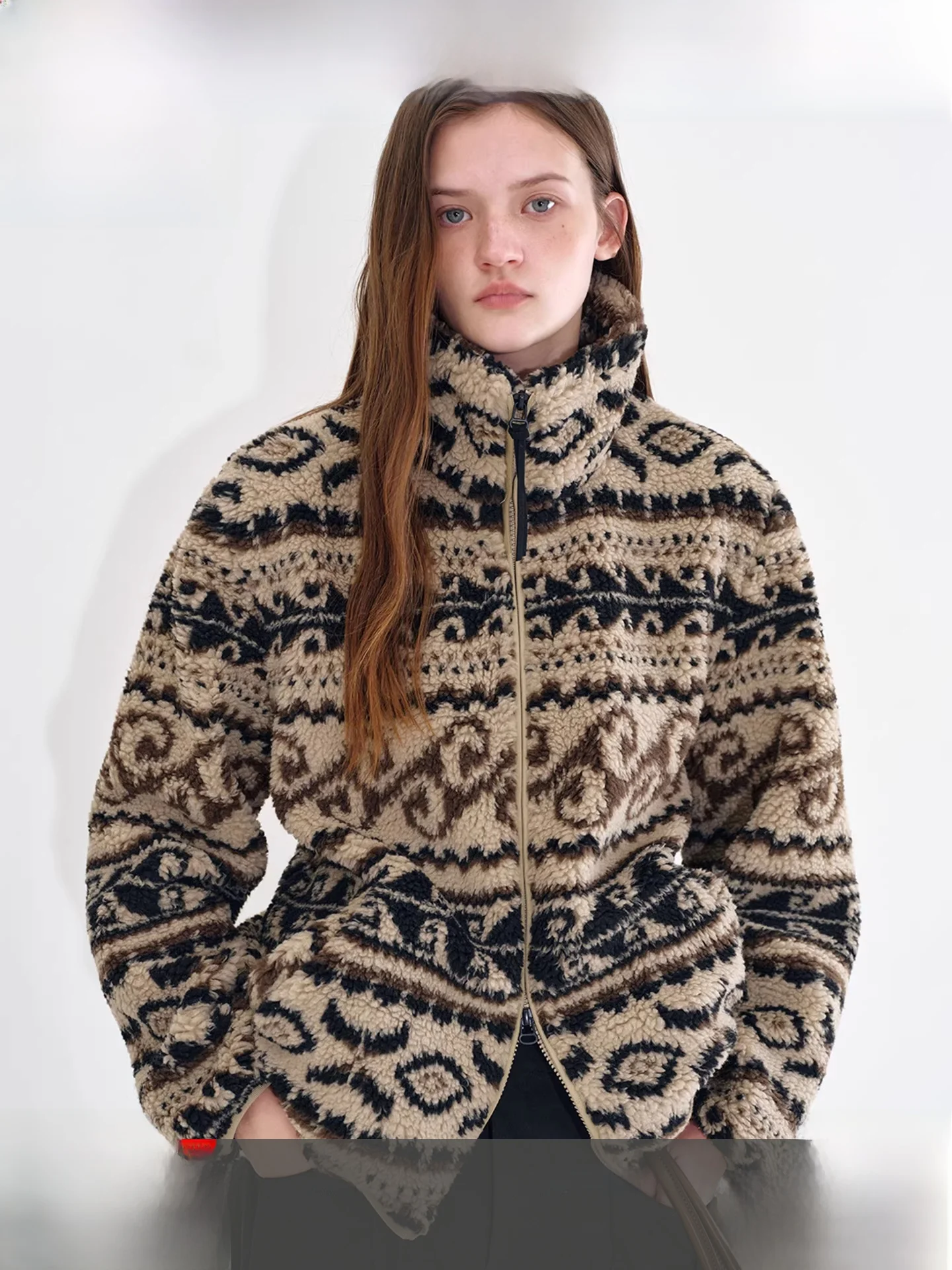 

Fano Women's Vintage Sle Faux eepskin Coat with aggy Fair Isle Pattern Winter Outerwear Long Sve Zipper Closure