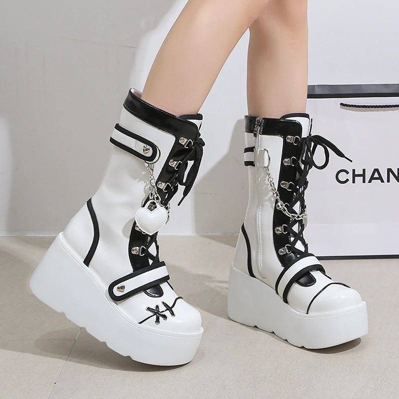 Kawaii Sweet New Gothic Platform Mid Calf Boots Women Street Autumn Wedges High Heels Punk Boots Girls Cute Cosplay Women Shoes