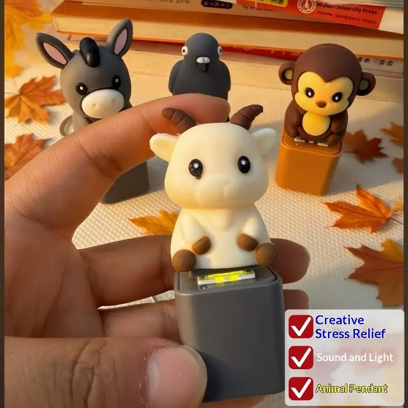 @*Animal Fidget Keychain with Illuminated Clicker Monkey Pigeon Lamb Donkey Style Stress Relief Toy for Adults Kids
