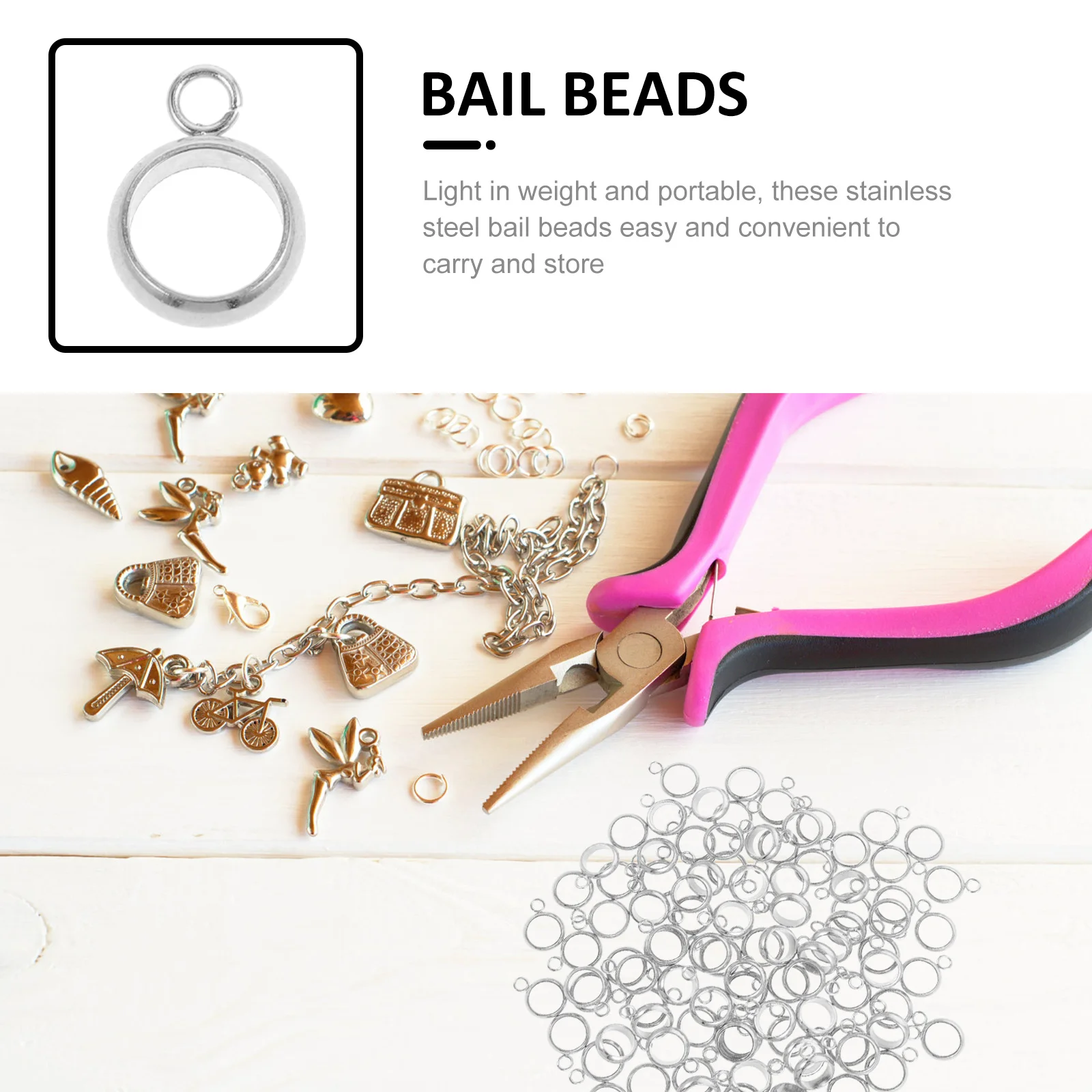 

100pcs Stainless Steel Bail Beads Hanger Spacer With For Diy Jewelry Making Craft Bracelet Necklace Accessories