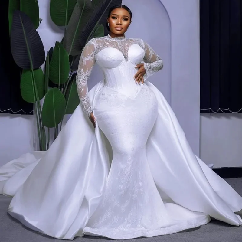تخصيص زائد حجم فستان الزفاف حورية البحر للعروس انفصال قطار فساتين الزفاف الأفريقية عالية مطرز الدانتيل الأكمام الطويلة #1