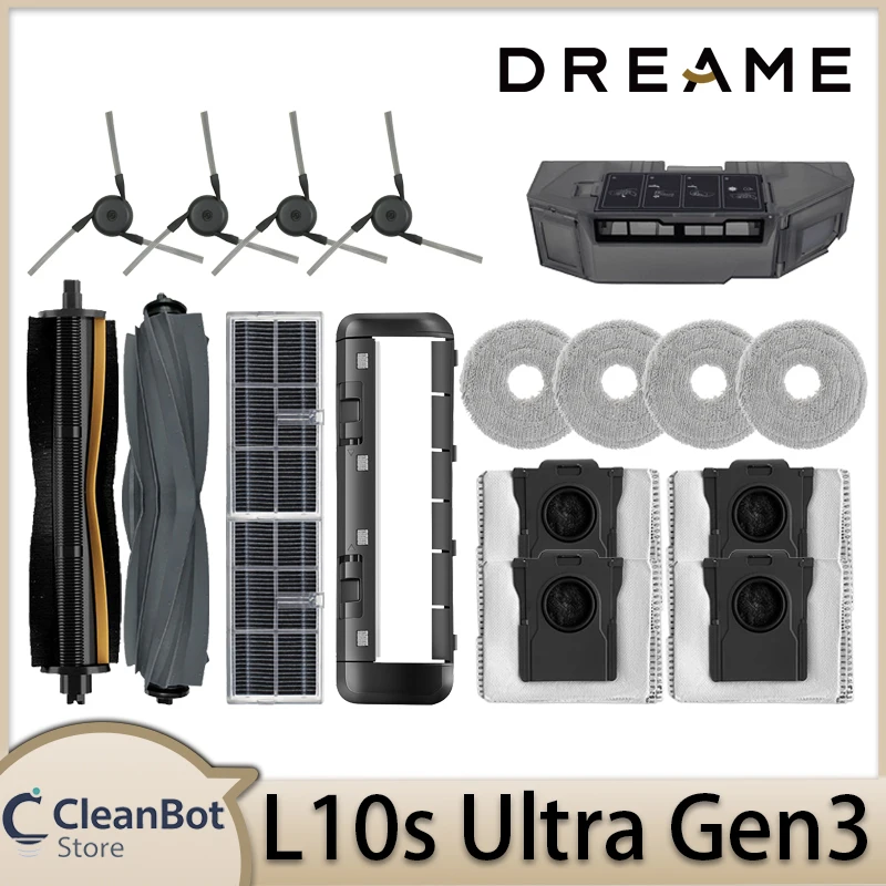 Accessoires pour aspirateur robot Qriginal Dreame L10s Ultra Gen3 : brosse principale, brosse latérale, filtre HEPA, chiffons de nettoyage, sac à poussière