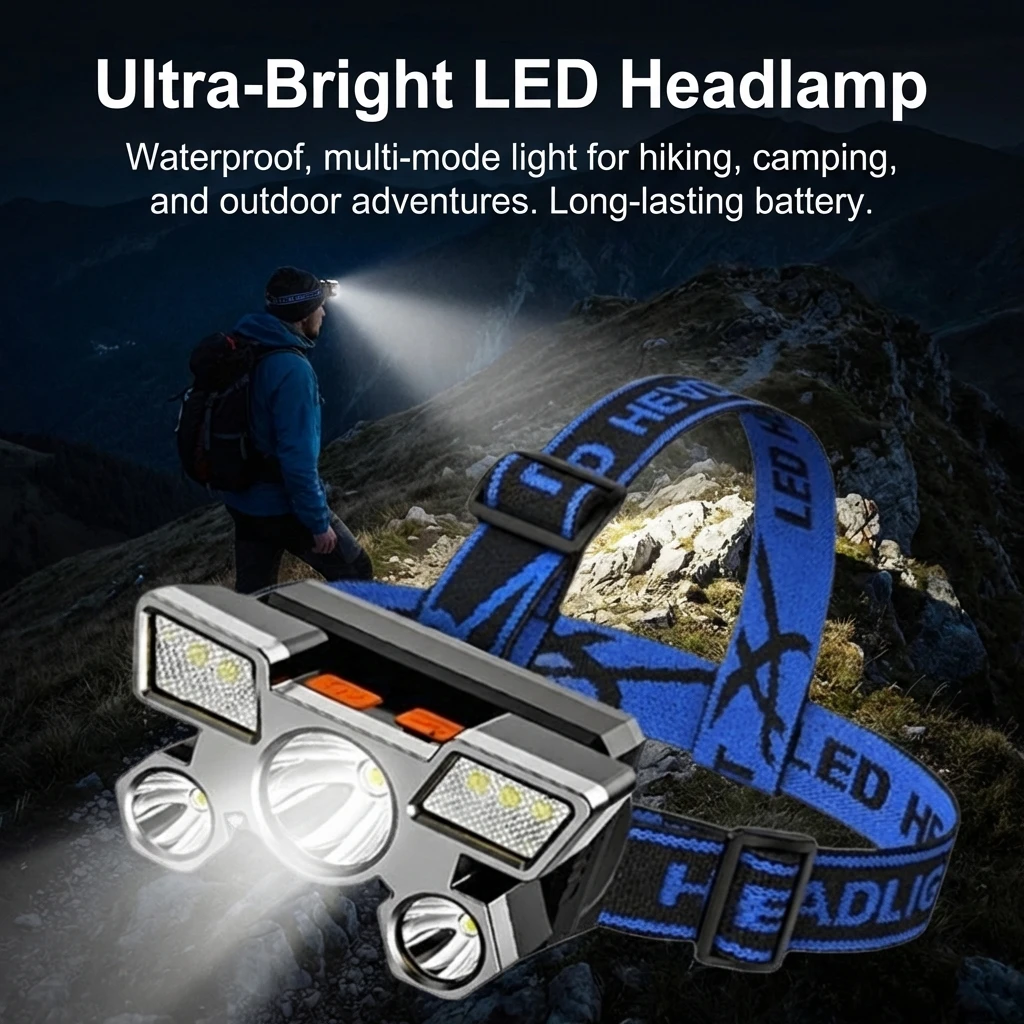 5 LED Rechargeable Headlamp with Strong Beam Long Distance Outdoor Fishing Mining Light Waterproof Headlight for Camping Hiking