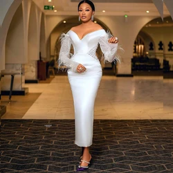 Elegant Civil Wedding Dresses for Bride Off Shoulder Long Sleeve Tea Length Feathers Bridal Reception Cocktail Dress Customized