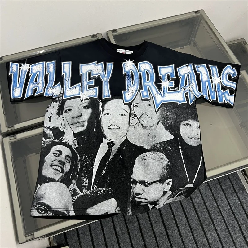 تي شيرت رجالي أسود VALLEY American Streetwear بأكمام قصيرة وكبير الحجم كاجوال من القطن مطبوع عليه شخصيات Vale #1