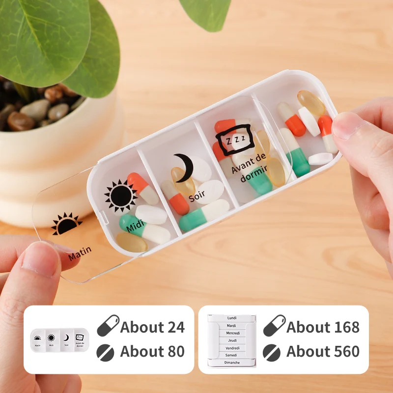 صندوق دواء مكون من 28 حجرة بتنسيق فرنسي، مكون من 7 مستويات مع 4 حجرات لكل منهما، يتكون حلًا تنظيميًا عمليًا لتخزين الأدوية في مناسبة يومية.