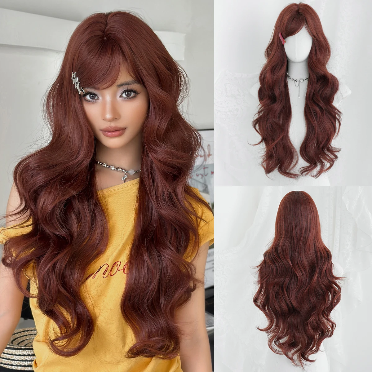 

NAMM Long Wave Red Brown Wigs For Women With Bangs Natural Looking Soft High Quality Synthetic Heat Resistant Fiber Wig Hair