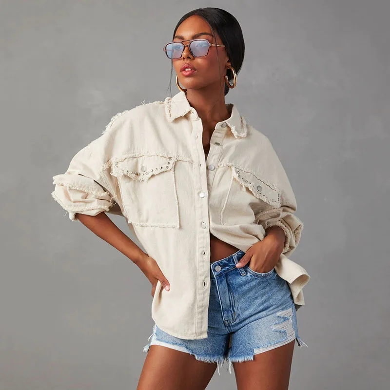 2024 New Arrivals Women's Denim Coat Streetwear Style with Rivet, Loose Mid-length Fashion Jacket