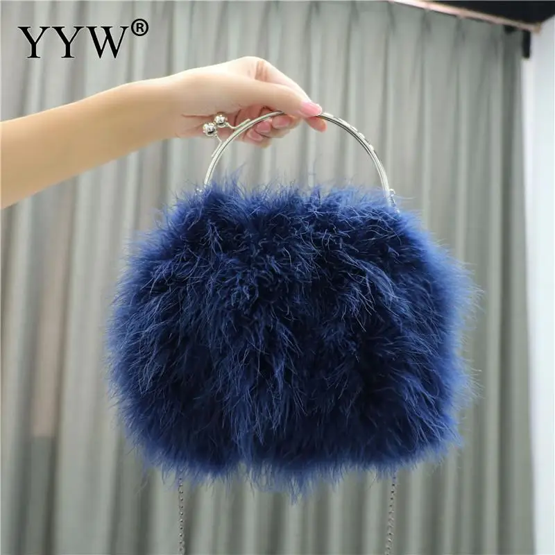 Trendy Designer Female Fur Top Handle Women\'S Bag Luxury Ostrich Feather Crossbody Purses Chain Evening Party Clutch Handbag