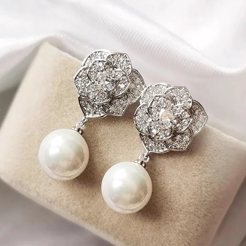 CAOSHI Trendy Imitation Pearl Earrings for Women Creative Design Gorgeous Sparkling Flower Wedding Anniversary Beautiful Jewelry