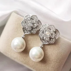 CAOSHI Trendy Imitation Pearl Earrings for Women Creative Design Gorgeous Sparkling Flower Wedding Anniversary Beautiful Jewelry