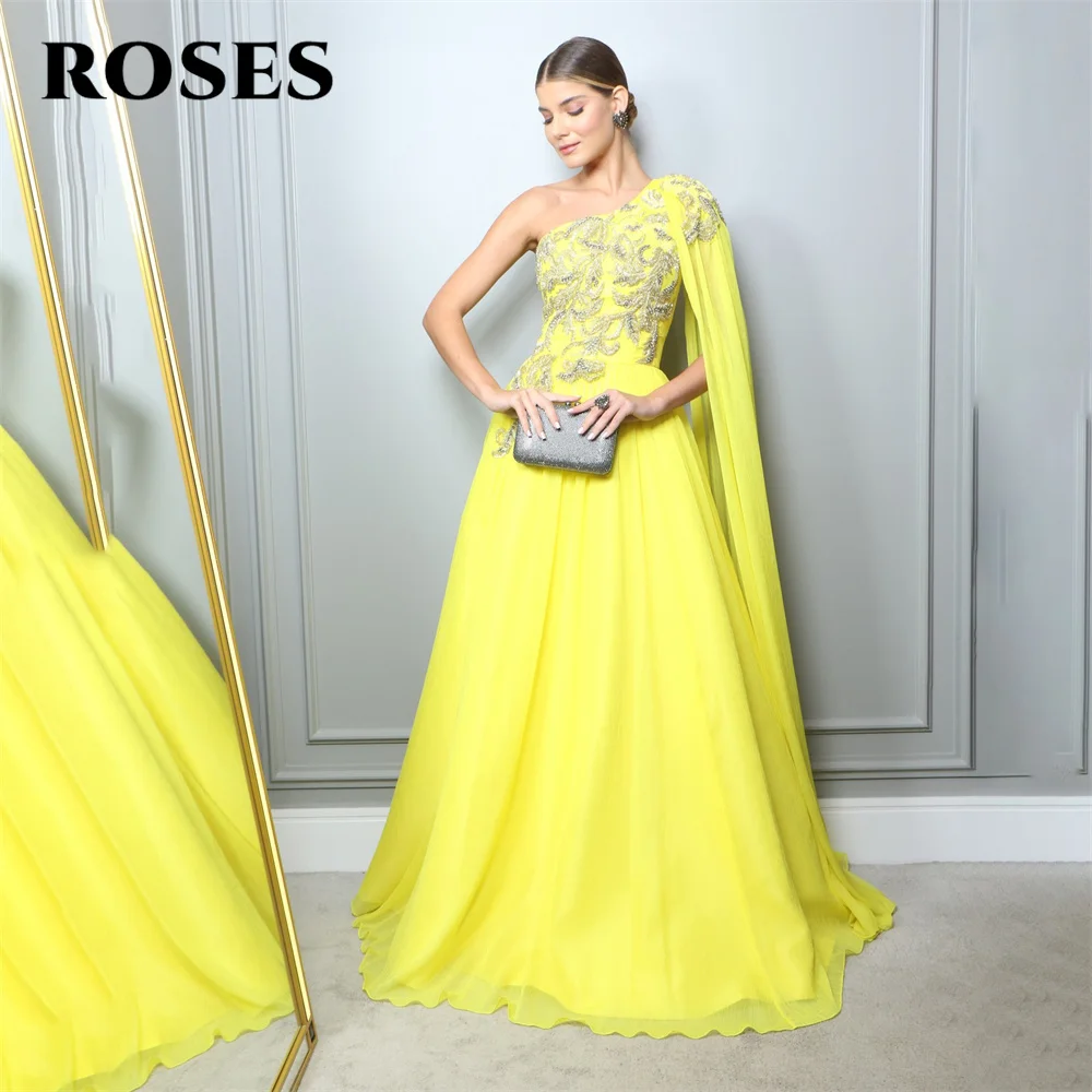 ROSES Yellow A Line Prom Dress Appliques Party Dresses One Shoulder Celebrity Gowns Chiffon Wedding Party Dress вечерние платья