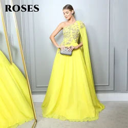 ROSES Yellow A Line Prom Dress Appliques Party Dresses One Shoulder Celebrity Gowns Chiffon Wedding Party Dress вечерние платья