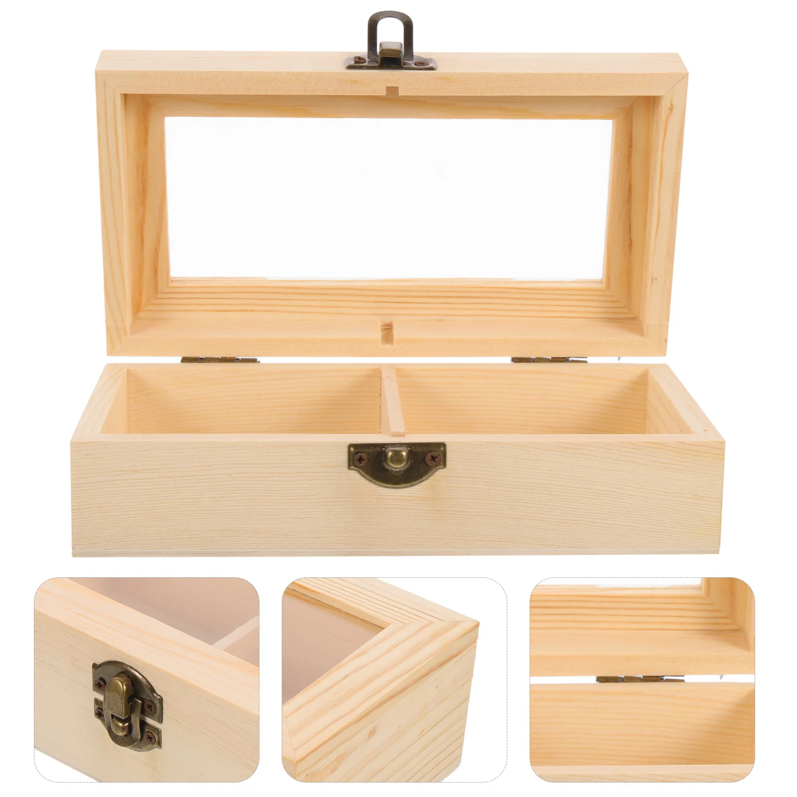 

Vintage Jewelry Box 2-Compartment Wood Storage Container Acrylic Window For Rings Earrings Necklaces Organizer Case Large