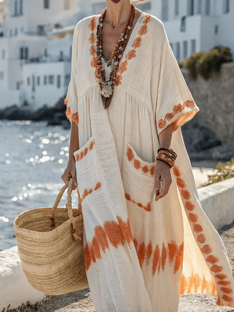 Luźna sukienka patchworkowa z dekoltem w serek, prosta sukienka na imprezę, damska wiosenno-letnia sukienka maxi z krótkim rękawem, elegancka sukienka damska z nadrukiem.