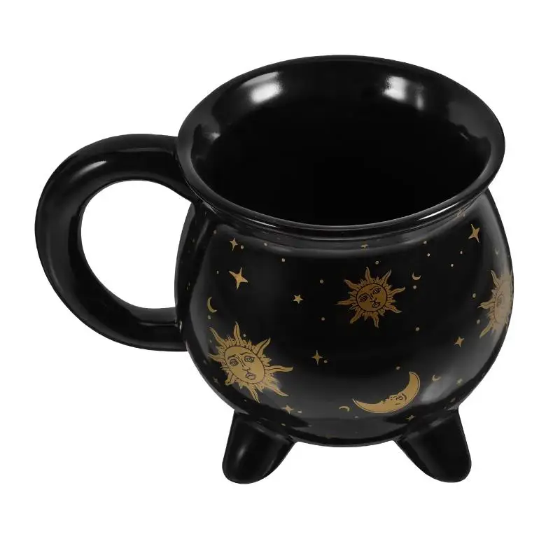 Hot Black Ceramic Cauldron Coffee Mug Gold Celestial Sun Moon Star Pattern For Home Office Use Gift For Astrology Enthusiasts
