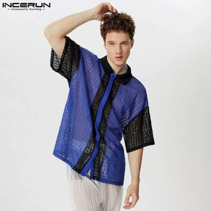 

INCERUN Tops 2024 American Style New Men Spliced Contrast Hollow Knitted Shirts Fashion Clubwear Male Short Sleeved Blouse S-5XL