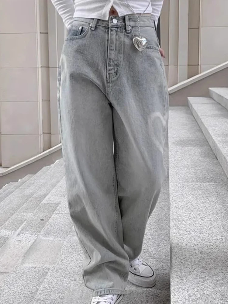 

Широкие джинсы с высокой талией в стиле ретро, женские весенние шикарные потертые длинные брюки с принтом в виде сердца, повседневные универсальные джинсовые узкие брюки