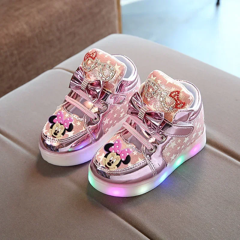 Disney Minnie girl children's sports shoes flashing shoes cartoon LED casual shoes