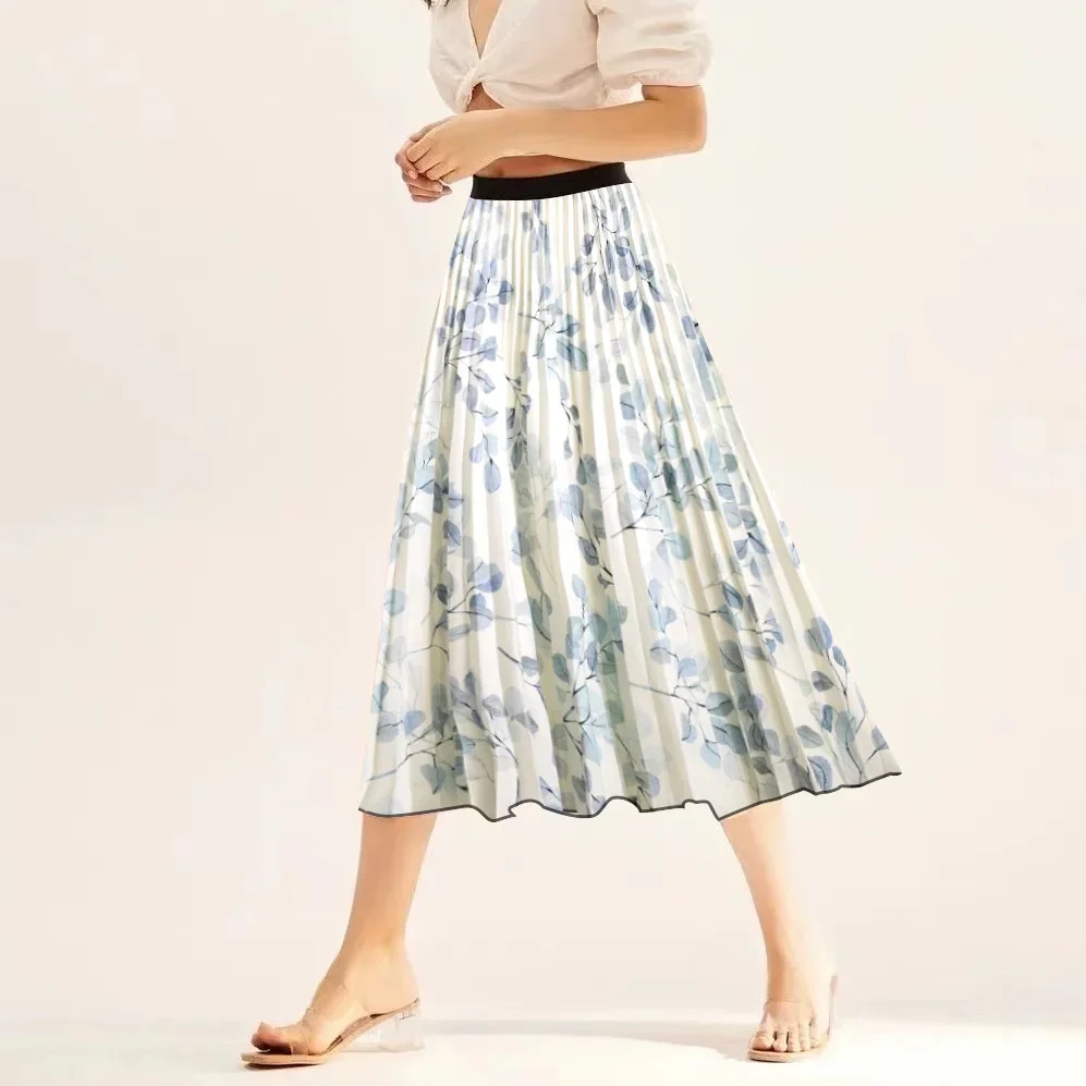 

2024 New Women's Mid length Summer High Waist Fragmented Flower Hundred Pleats Show Thin and Draping A-line Long Skirt