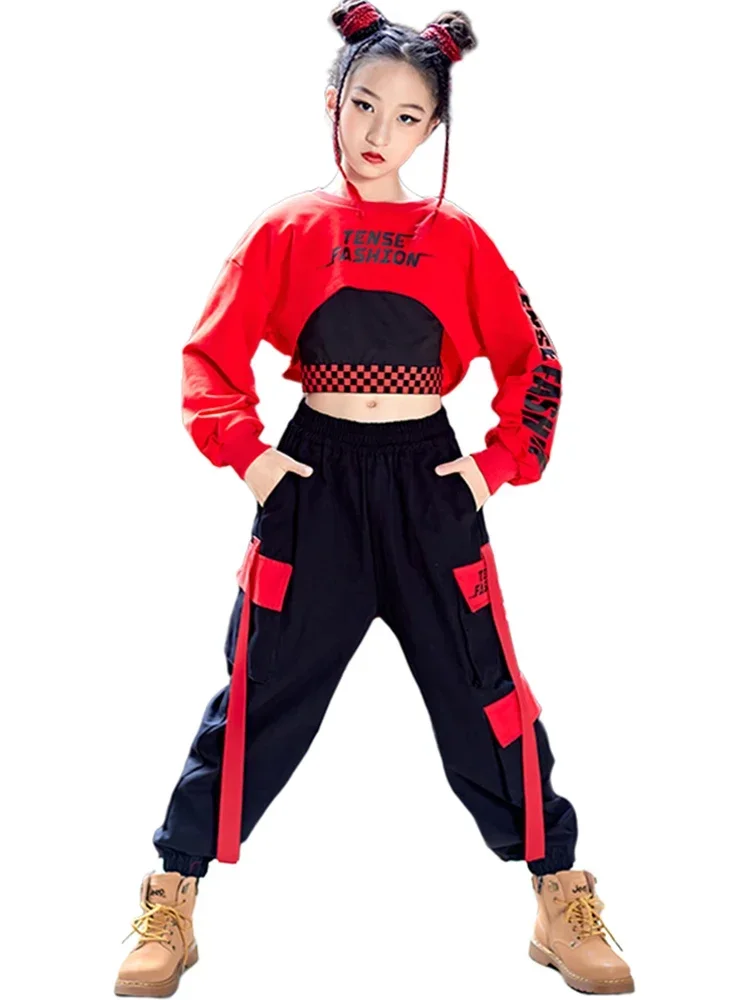 Teen Kinder Mode Streetwear Bühne Outfit Mädchen Kpop Hip Hop Kleidung Jazz Tanz Kostüm rote Ernte Tops Cargo hose